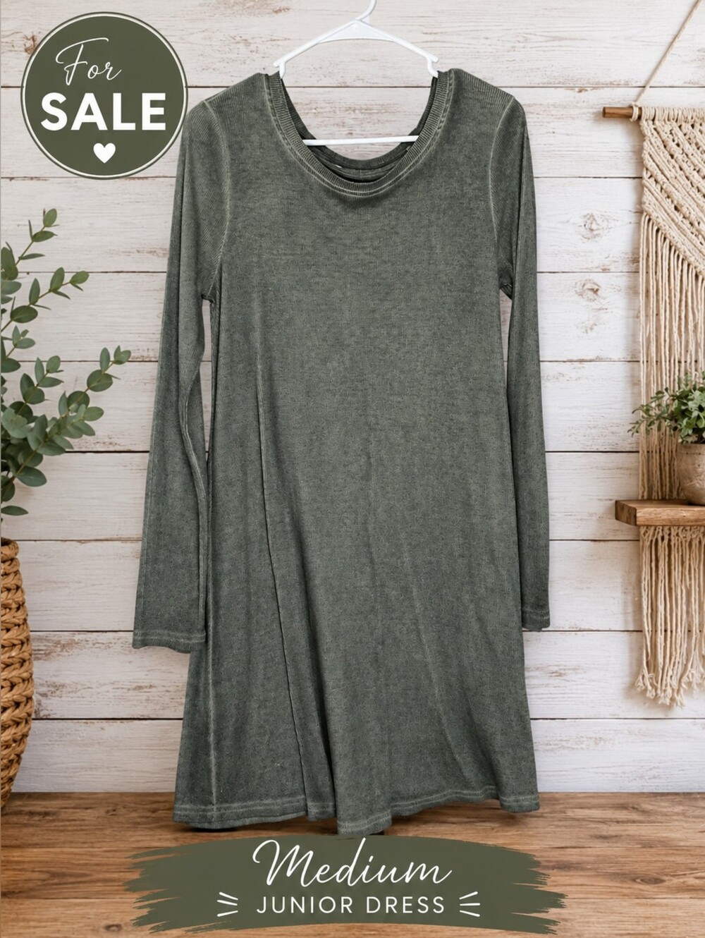 easel Olive Green Long Sleeve Swing Dress